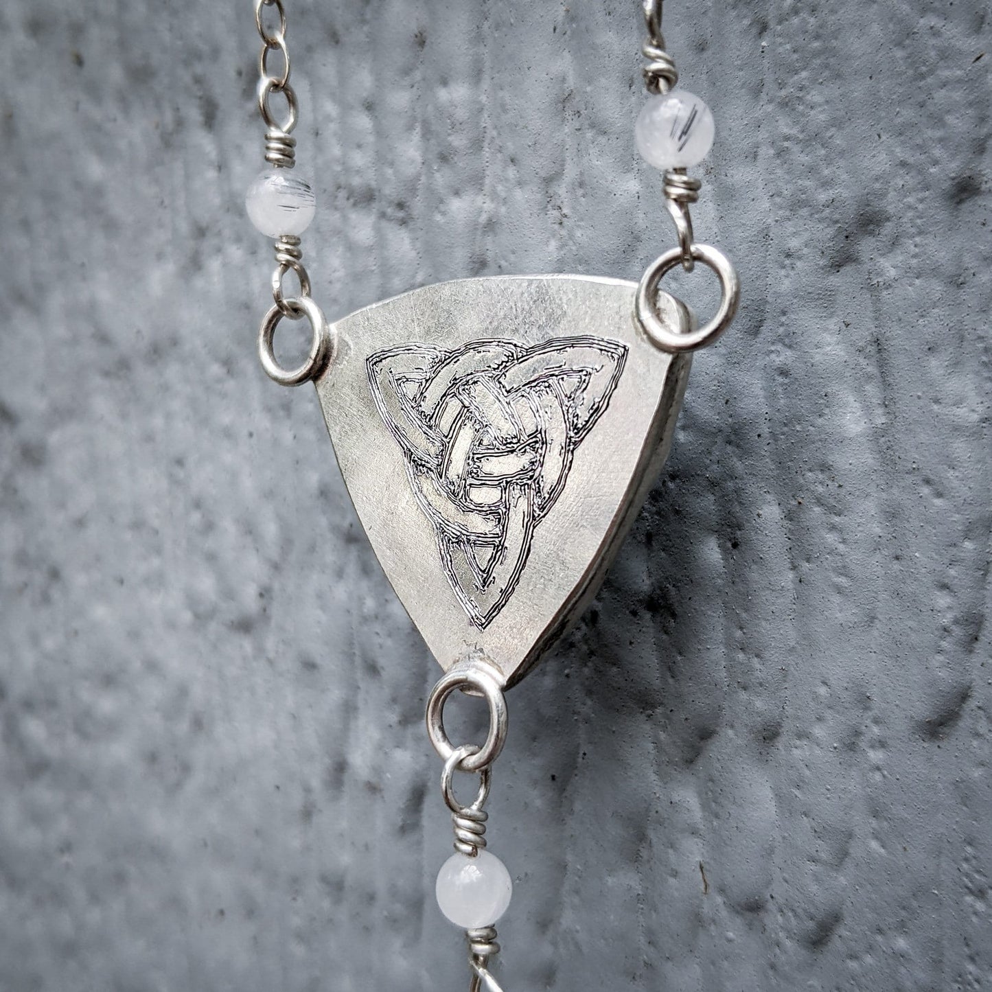 Triquetra Necklace - Crazy Lace Agate and Sterling Silver - Handmade Engraved Celtic Pendant