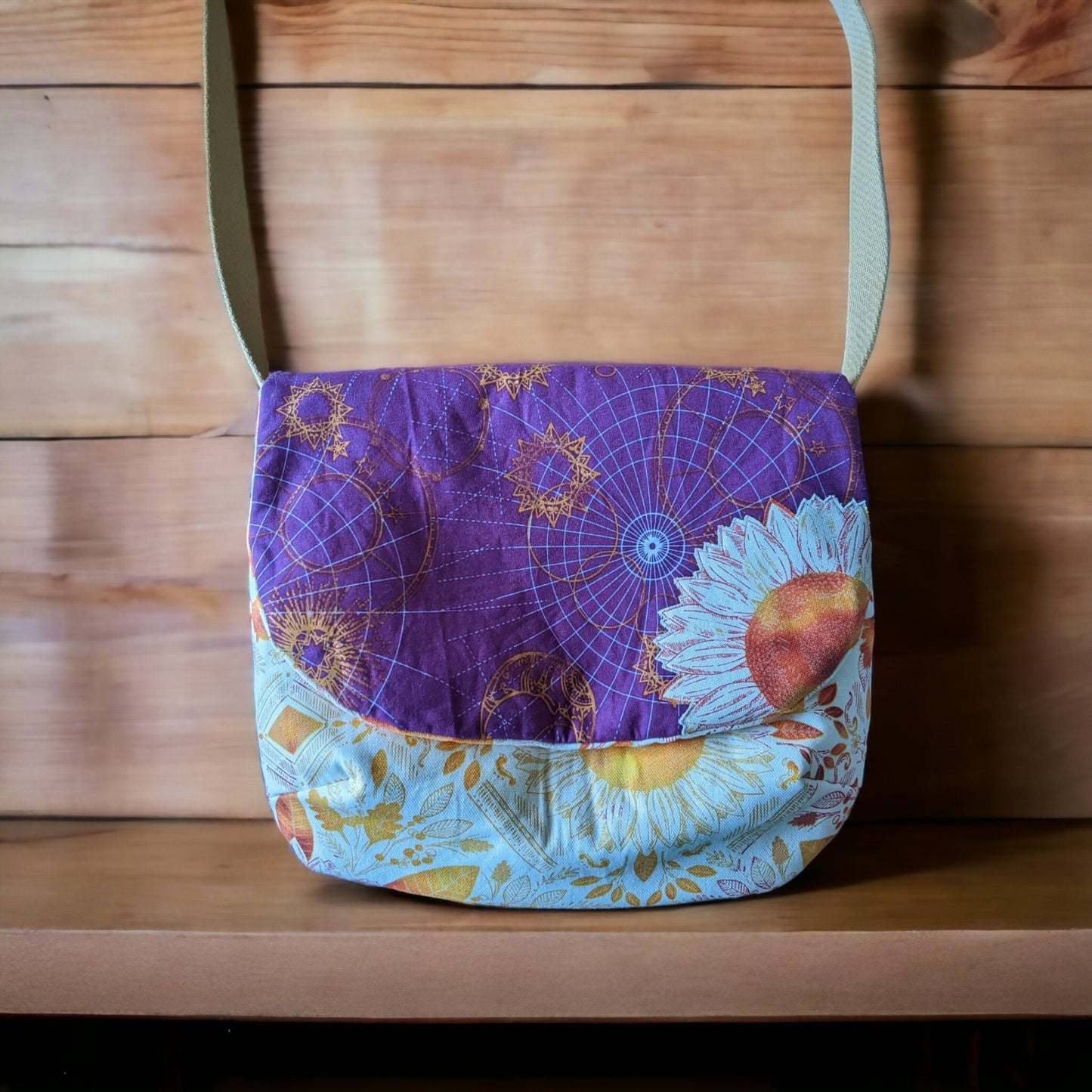 Purple Celestial & Bohemian Sunflower Crossbody Messenger Bag - Custom Sunflower Design - 100% Cotton - Ready to Ship