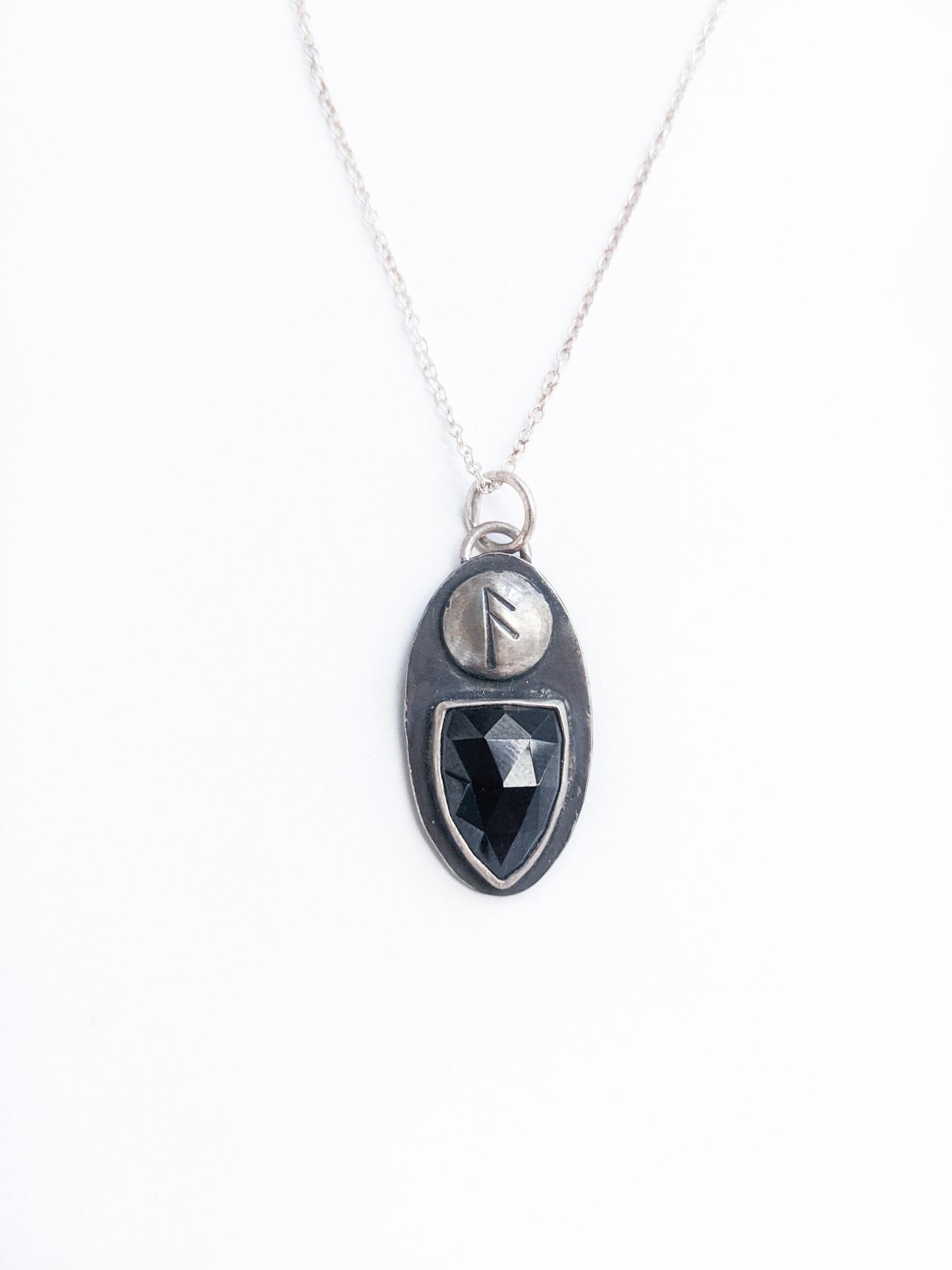 Viking Rune Necklace - Black Tourmaline Shield - Magical Talisman of Protection and Divine Wisdom - Sterling Silver Pendant - Ready to Ship