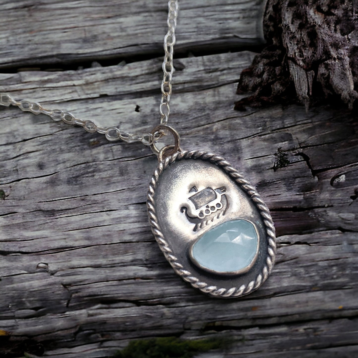 Nautical Viking Pendant - Norse Ship & Aquamarine Gemstone - Perfect Necklace for Adventurers - Sterling Silver - Ready to Ship