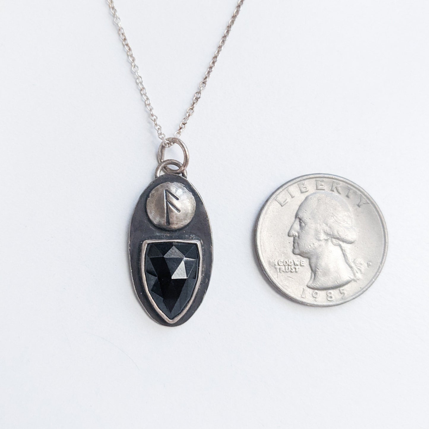 Viking Rune Necklace - Black Tourmaline Shield - Magical Talisman of Protection and Divine Wisdom - Sterling Silver Pendant - Ready to Ship