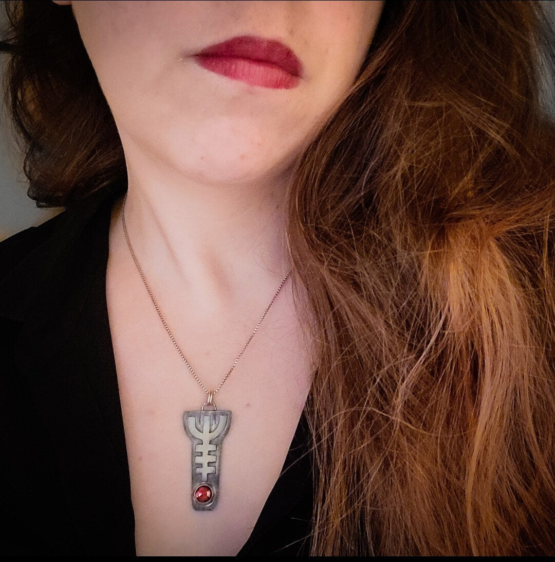 Viking Helm of Awe Pendant with Garnet - Symbol of Protection and Strength - Sterling Silver Norse Mythology Necklace - Ready to Ship