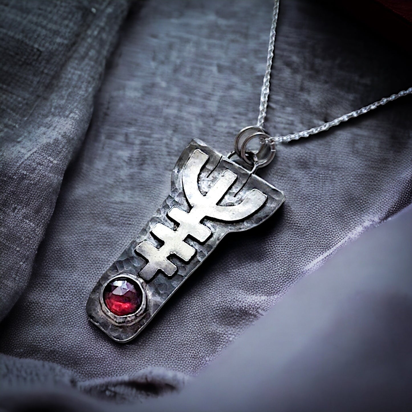 Viking Helm of Awe Pendant with Garnet - Symbol of Protection and Strength - Sterling Silver Norse Mythology Necklace - Ready to Ship
