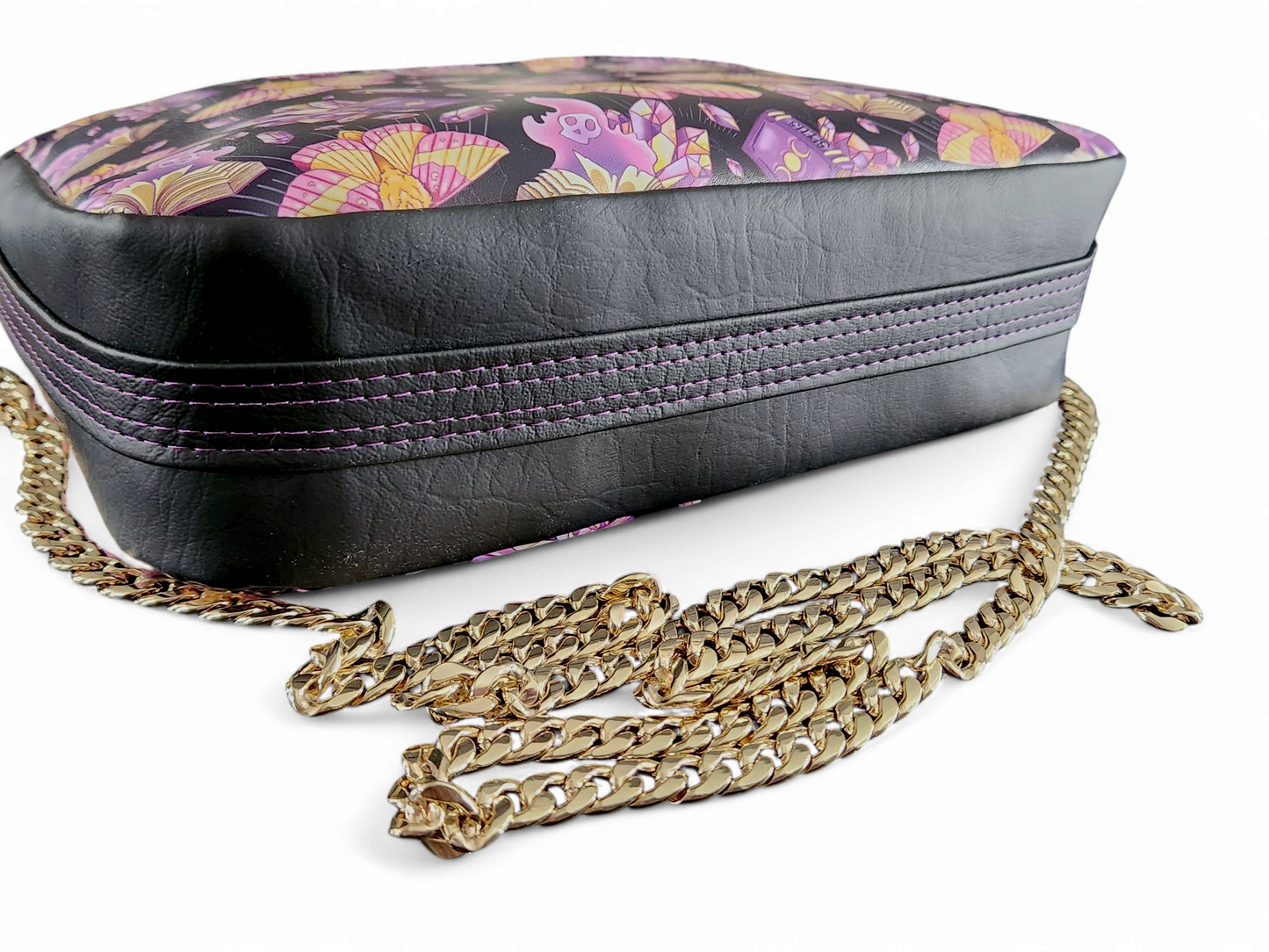 Mystical Moth & Crystals Sling Bag: Witchy Crossbody with Gold Chain
