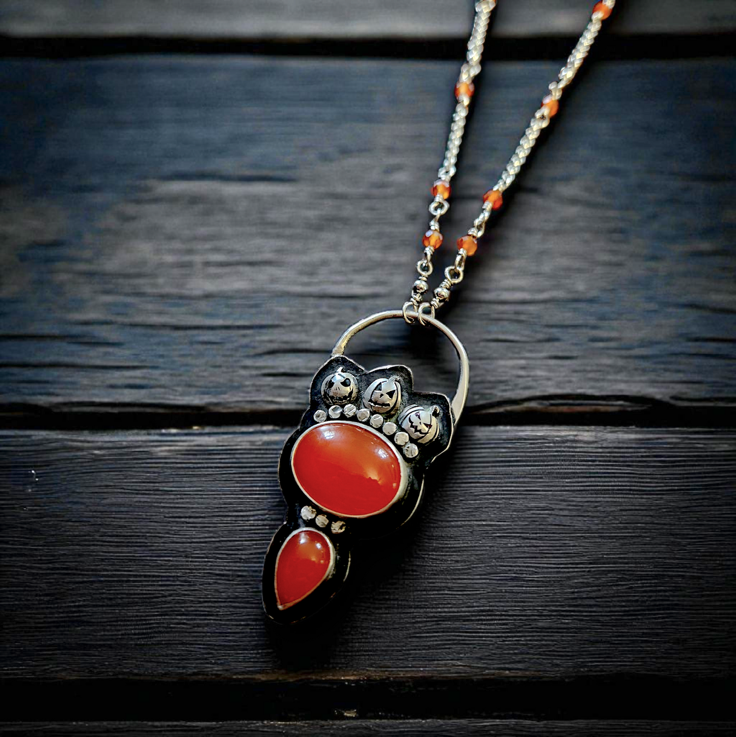 Moonlit Pumpkin Patch - Halloween Talisman Necklace with Carnelian & Sterling Silver