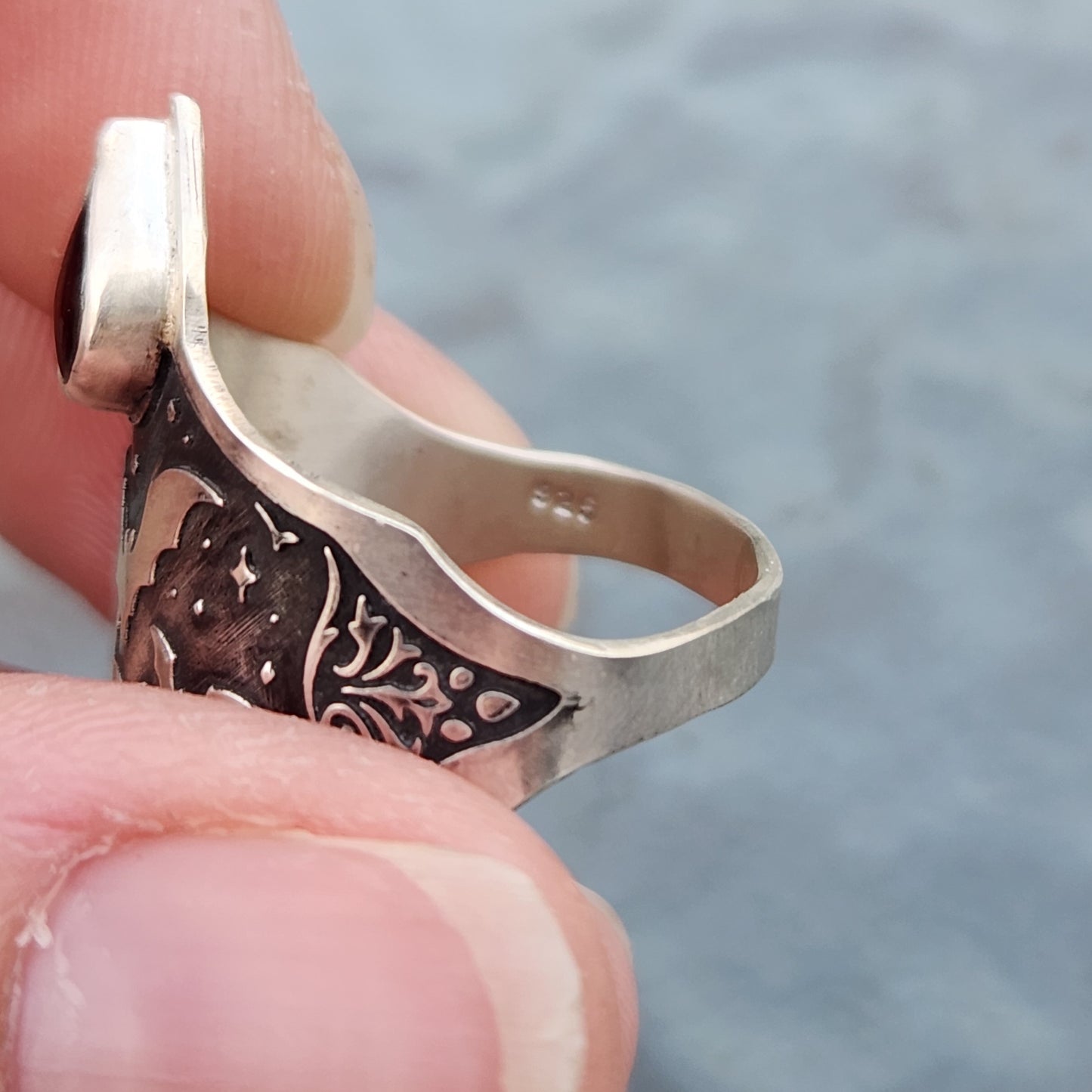 Crimson Night Bat Ring | Garnet Sterling Silver Statement Ring