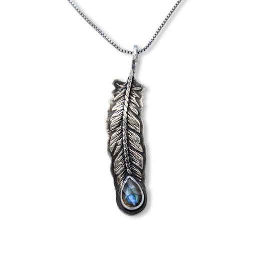 Sterling Silver Feather Necklace with Gemstone - Personalized Rune or Zodiac Charm - Made to Order Pendant - Custom Viking Runic Jewelry