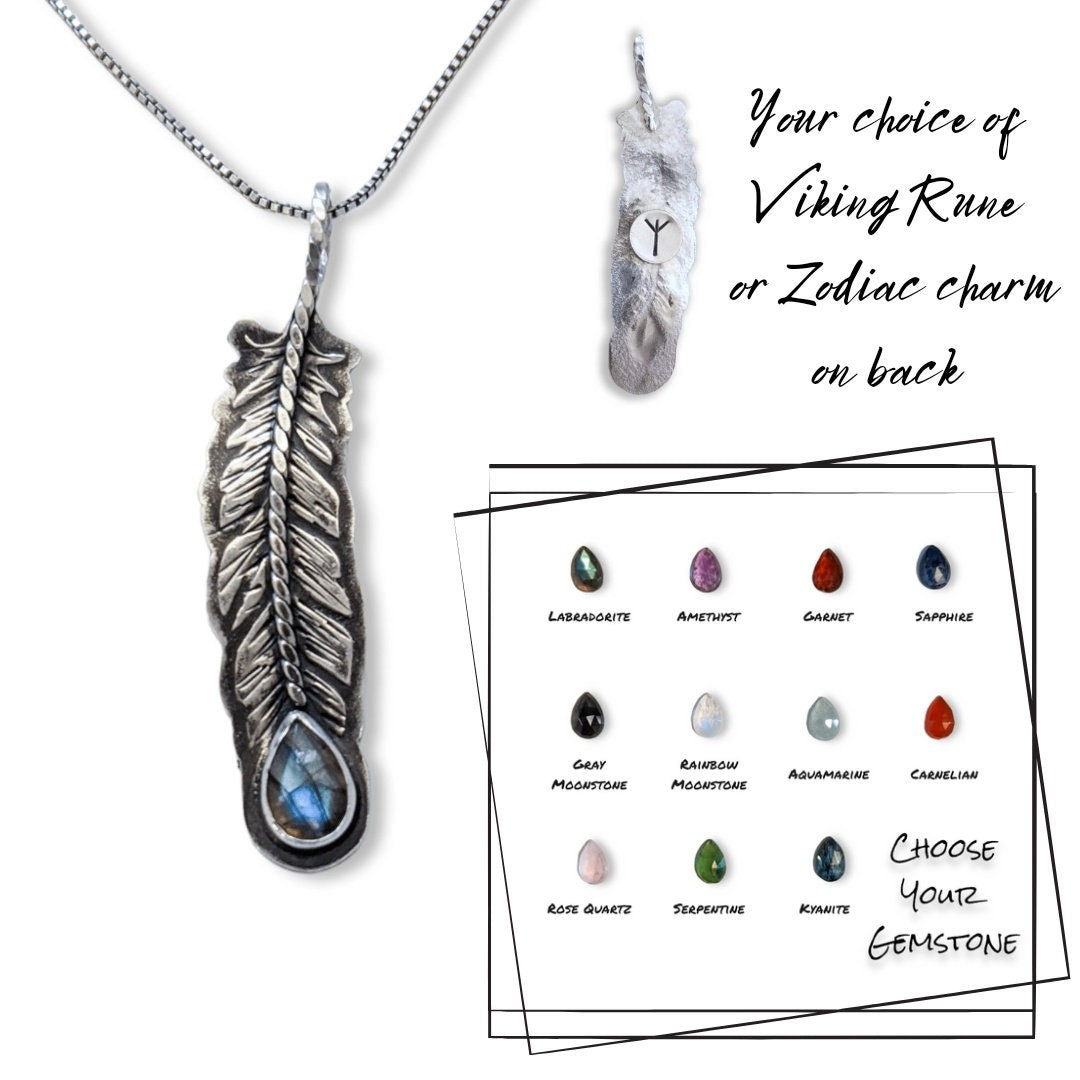 Sterling Silver Feather Necklace with Gemstone - Personalized Rune or Zodiac Charm - Made to Order Pendant - Custom Viking Runic Jewelry