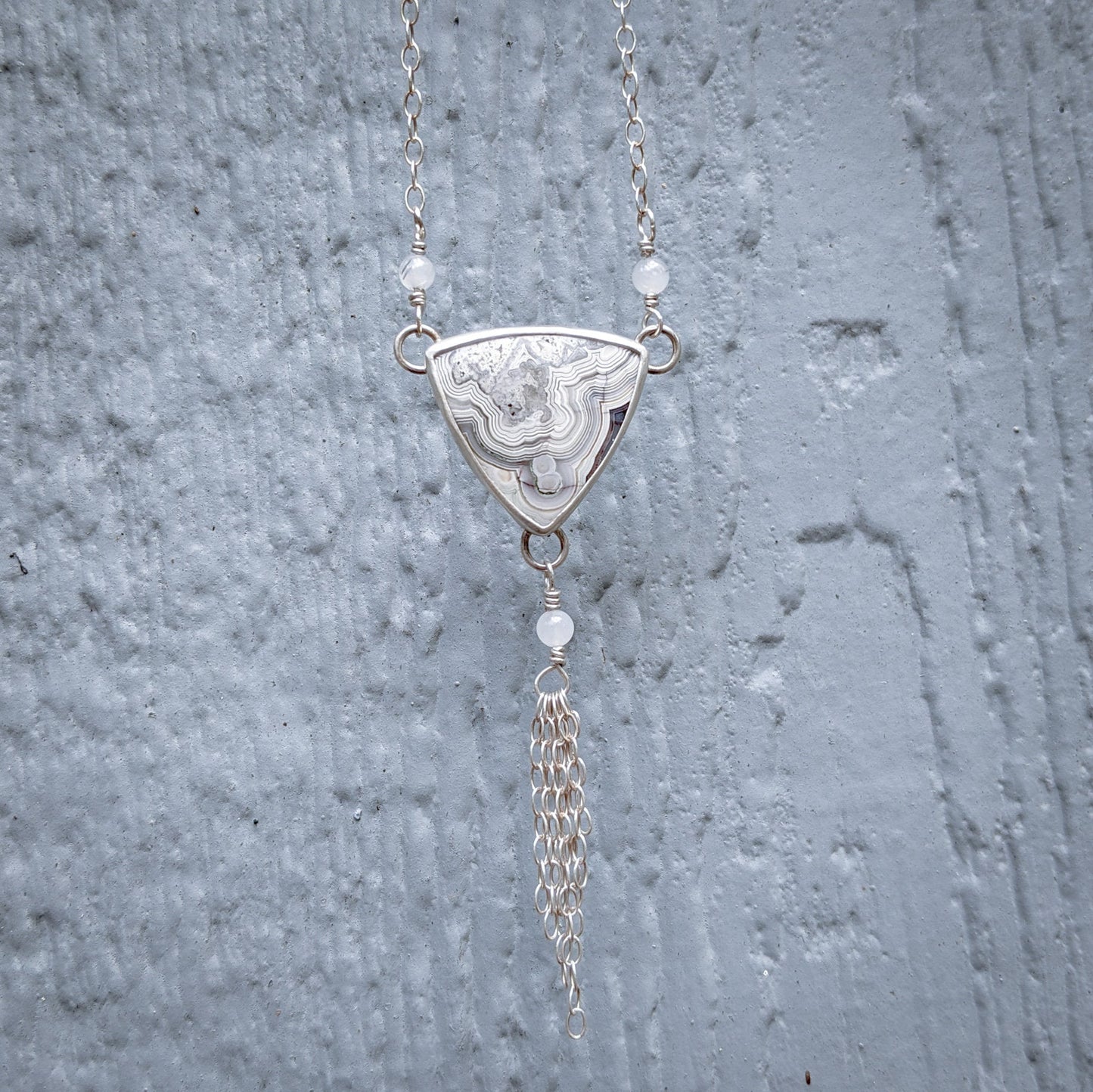 Triquetra Necklace - Crazy Lace Agate and Sterling Silver - Handmade Engraved Celtic Pendant