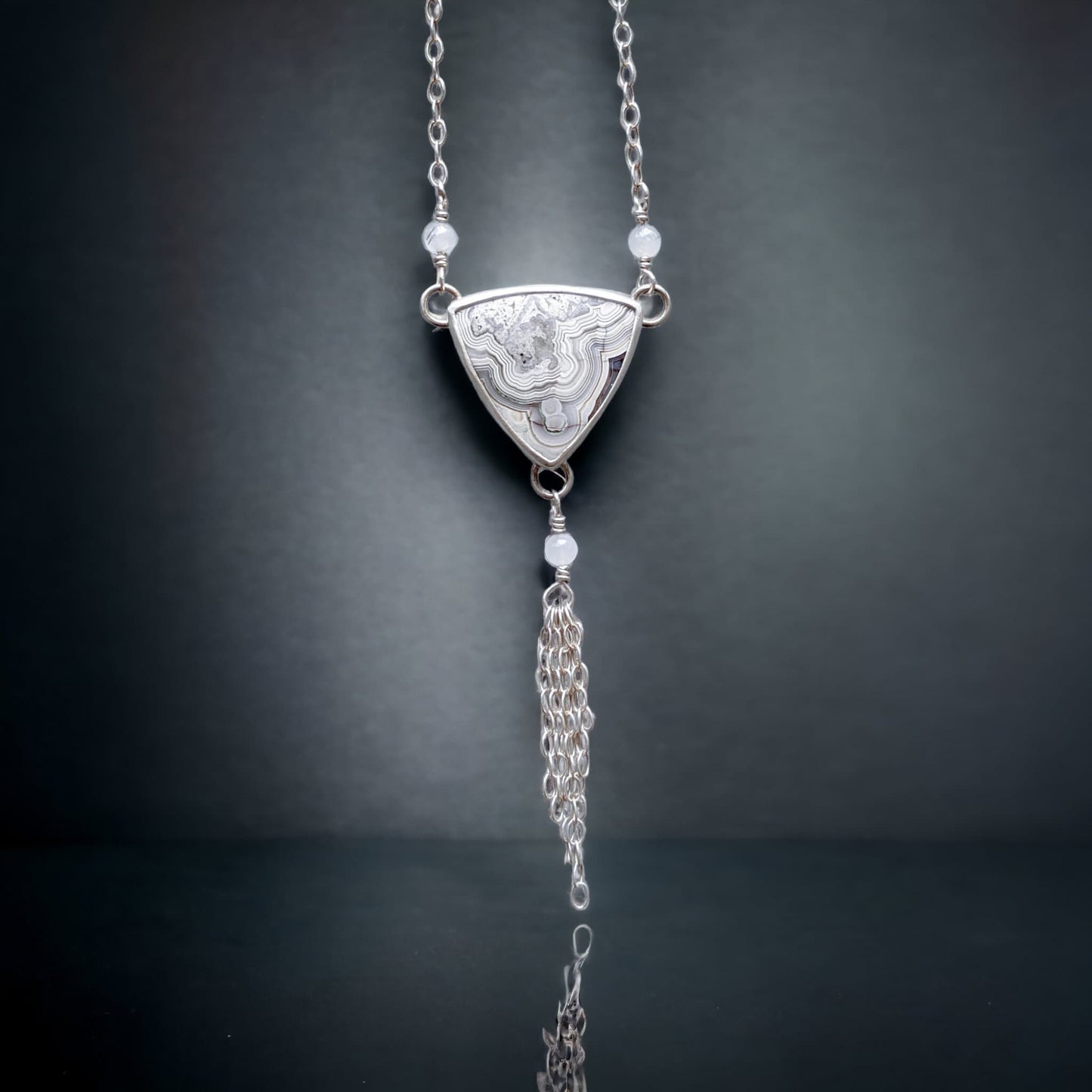 Triquetra Necklace - Crazy Lace Agate and Sterling Silver - Handmade Engraved Celtic Pendant