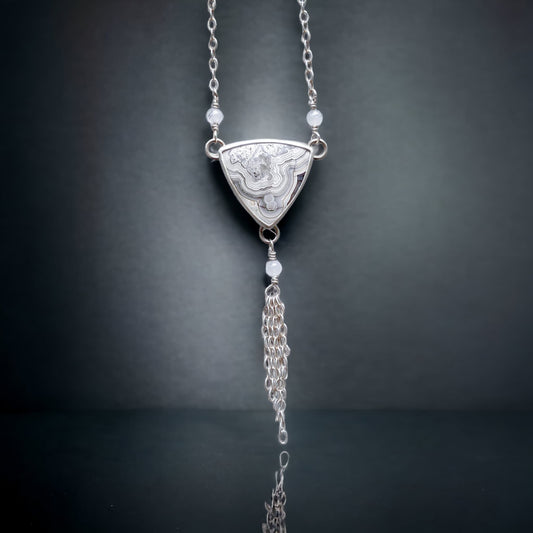 Triquetra Necklace - Crazy Lace Agate and Sterling Silver - Handmade Engraved Celtic Pendant