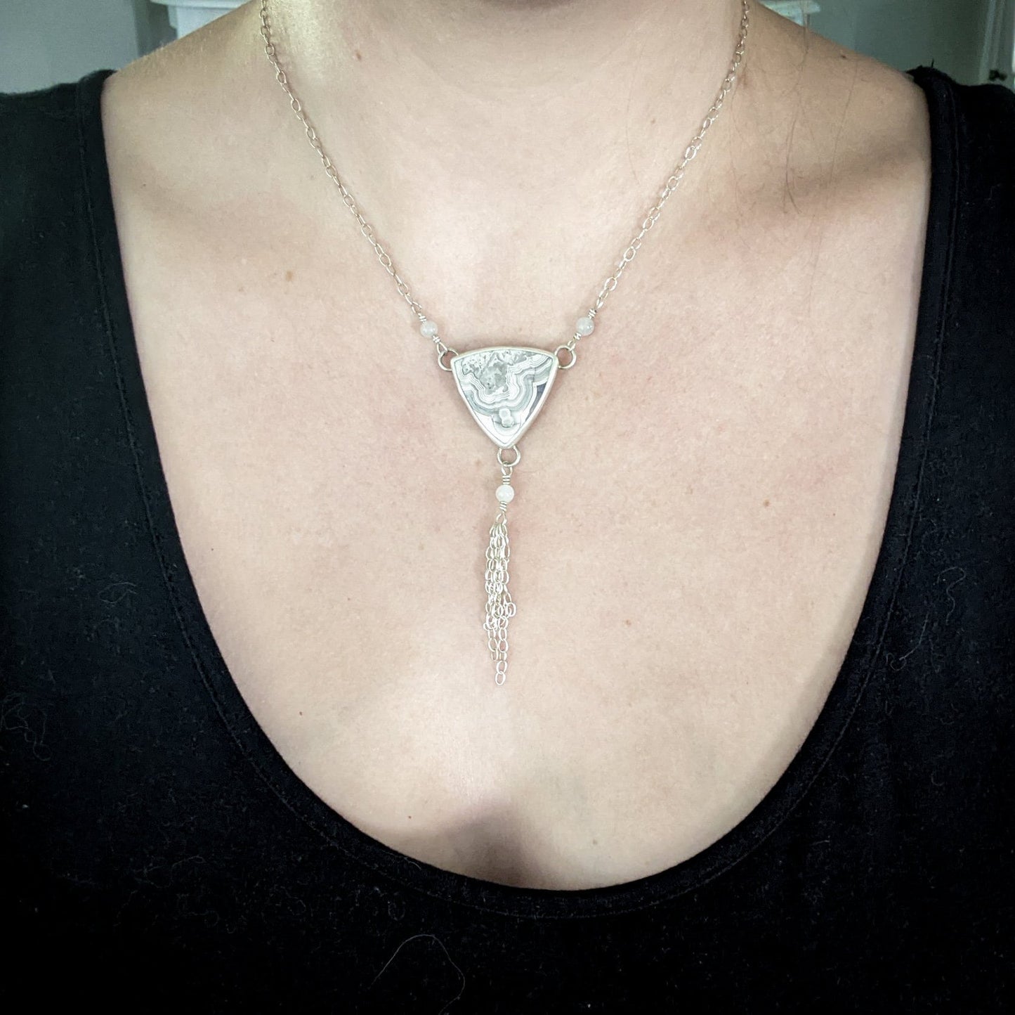 Triquetra Necklace - Crazy Lace Agate and Sterling Silver - Handmade Engraved Celtic Pendant
