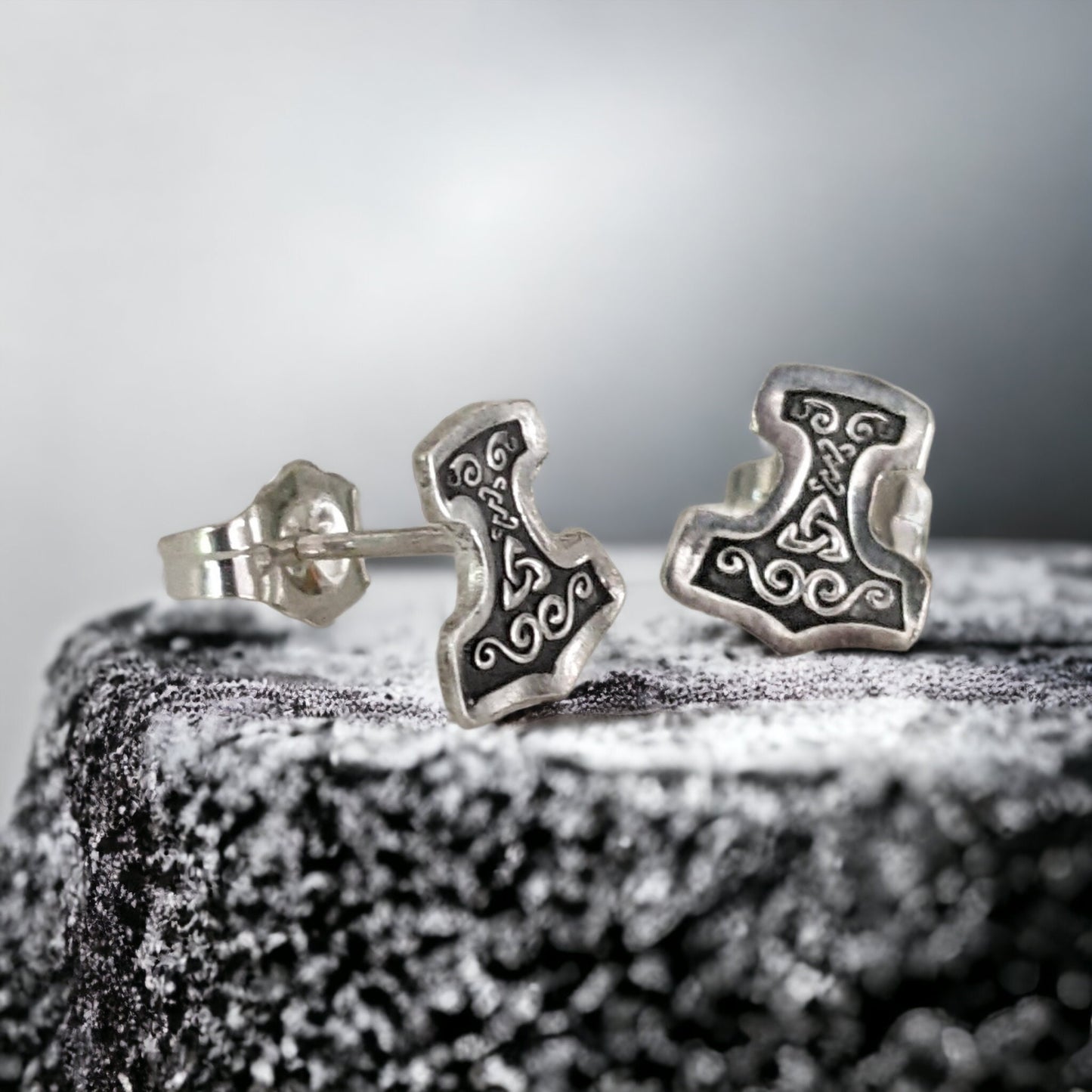 Sterling Silver Mjölnir Stud Earrings | Norse Mythology Jewelry | Thor's Hammer Earrings for Men and Women | Made to Order