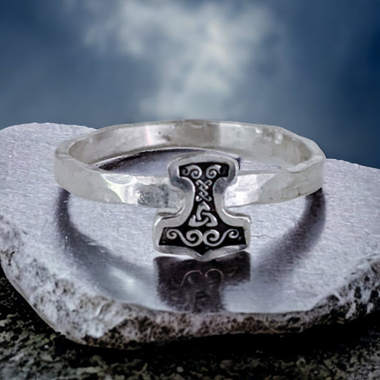 Minimalist Thor's Hammer Stacking Ring - Sterling Silver Viking Jewelry - Custom Size - Norse Pagan - Men and Womens Ring Band - Thumb Ring