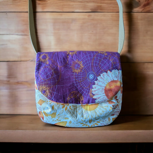 Purple Celestial & Bohemian Sunflower Crossbody Messenger Bag - Custom Sunflower Design - 100% Cotton - Ready to Ship
