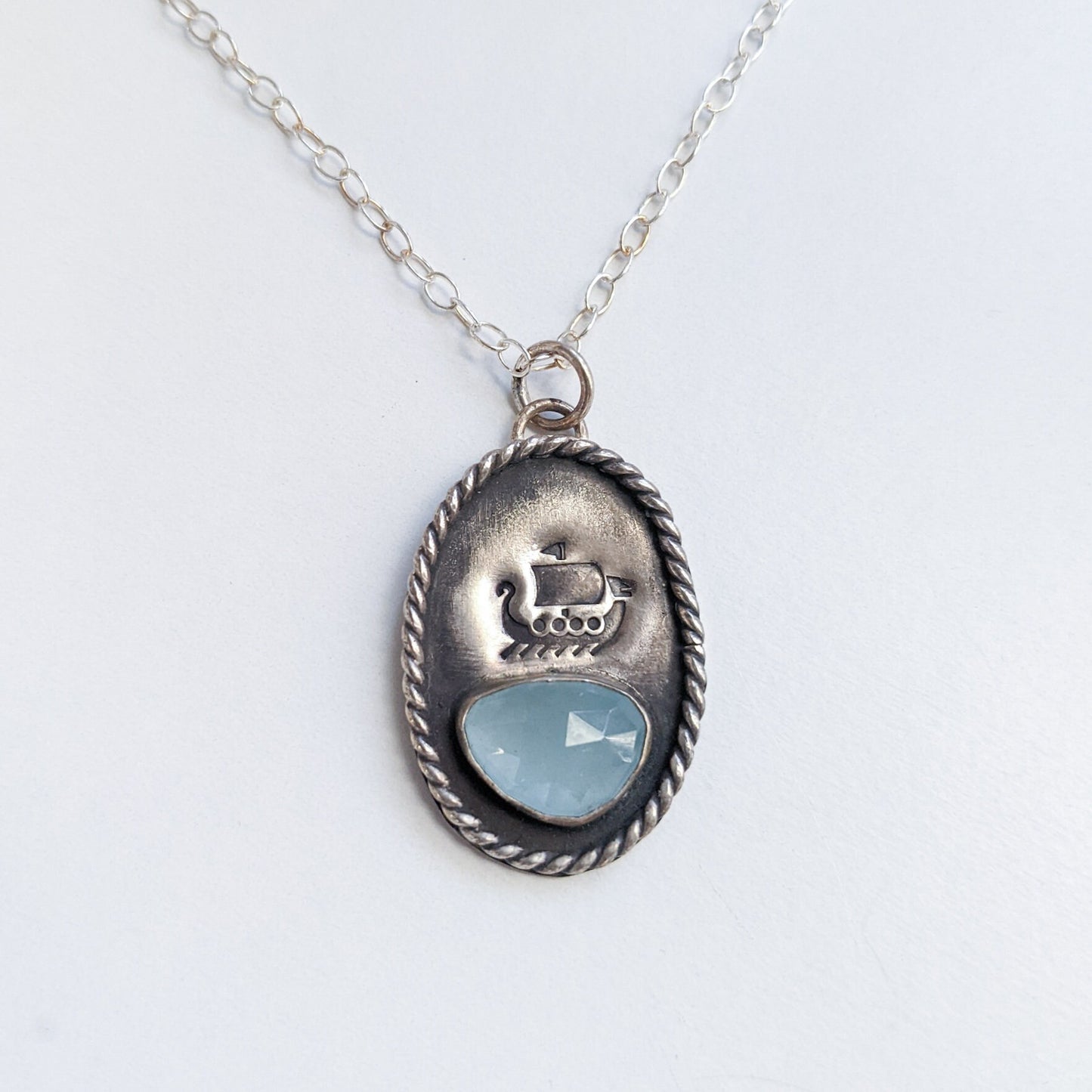 Nautical Viking Pendant - Norse Ship & Aquamarine Gemstone - Perfect Necklace for Adventurers - Sterling Silver - Ready to Ship
