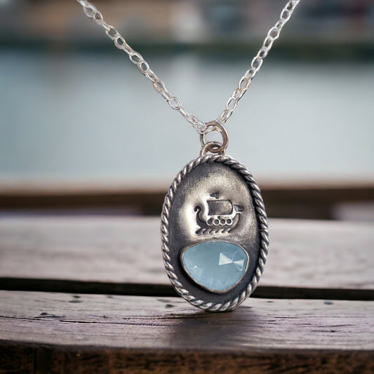 Nautical Viking Pendant - Norse Ship & Aquamarine Gemstone - Perfect Necklace for Adventurers - Sterling Silver - Ready to Ship