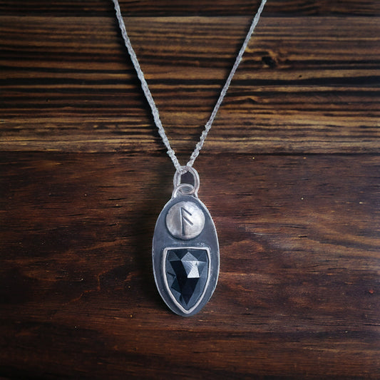 Viking Rune Necklace - Black Tourmaline Shield - Magical Talisman of Protection and Divine Wisdom - Sterling Silver Pendant - Ready to Ship