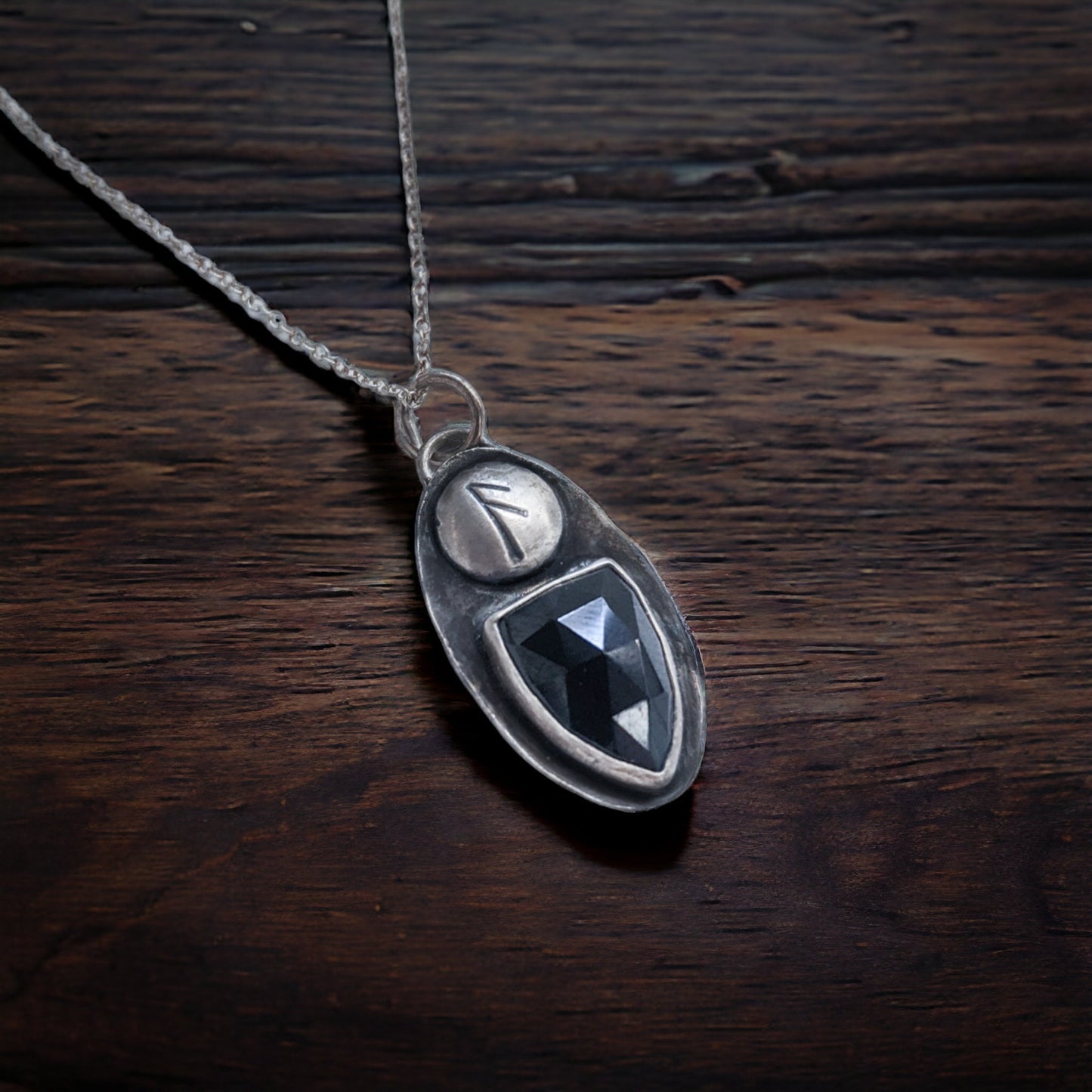 Viking Rune Necklace - Black Tourmaline Shield - Magical Talisman of Protection and Divine Wisdom - Sterling Silver Pendant - Ready to Ship