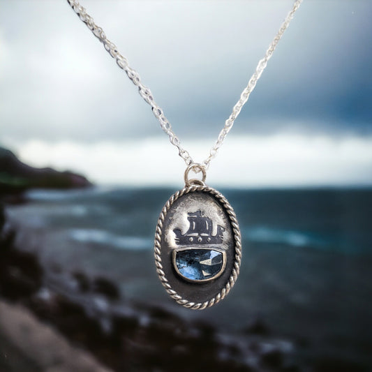 Nautical Viking Pendant - Viking Ship Necklace - Blue Kyanite Gemstone - Sterling Silver Jewelry - Perfect for Adventurers - Ready to Ship
