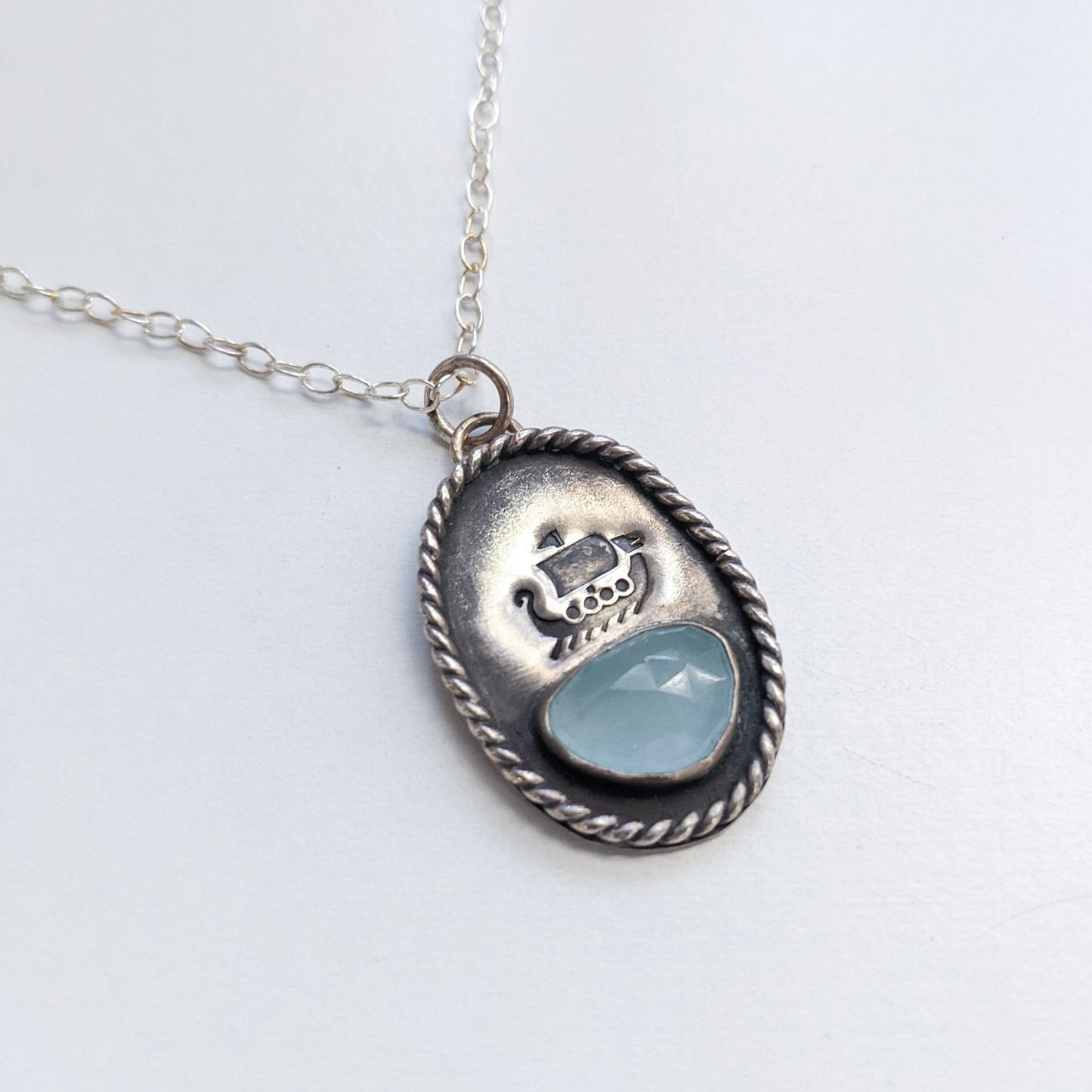 Nautical Viking Pendant - Norse Ship & Aquamarine Gemstone - Perfect Necklace for Adventurers - Sterling Silver - Ready to Ship