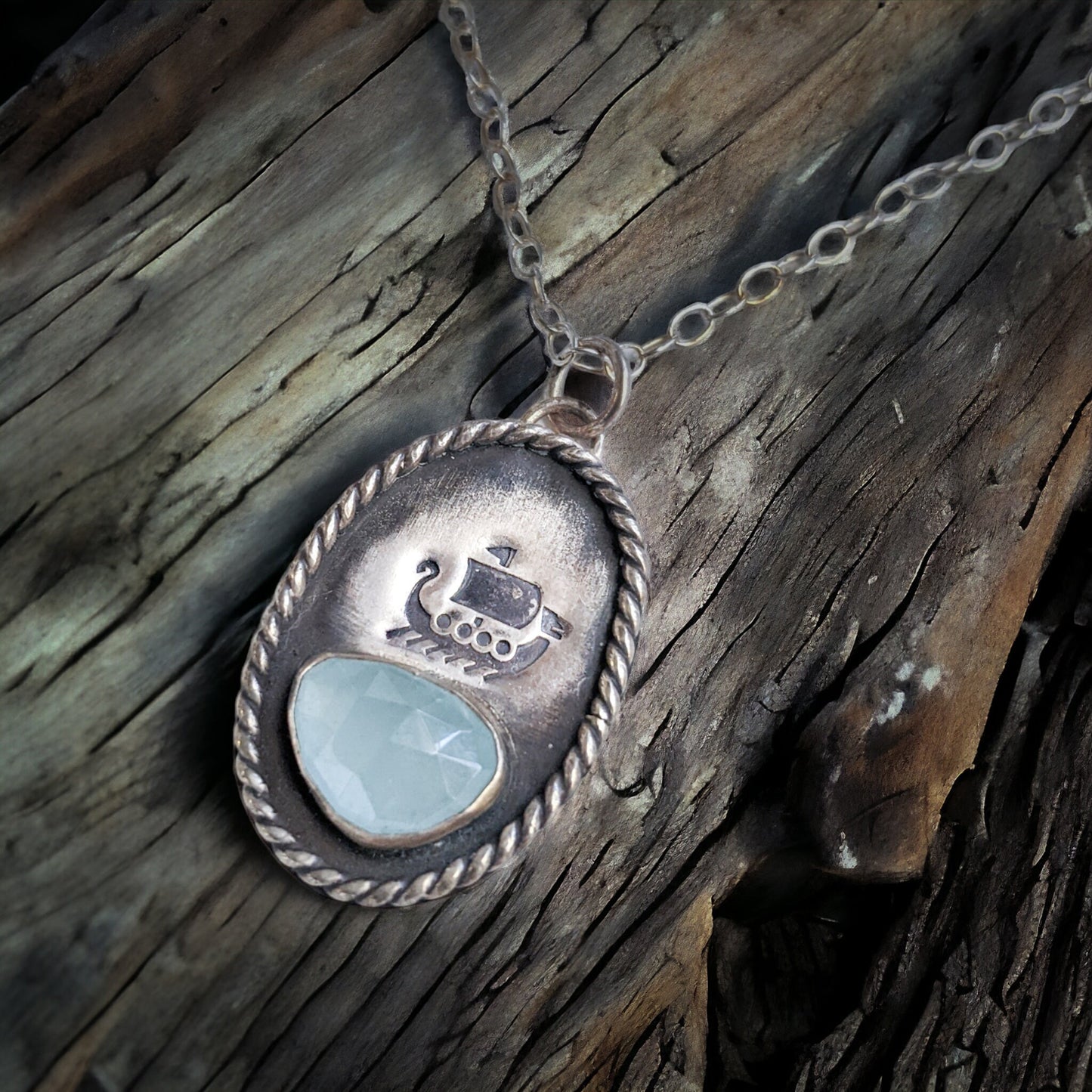 Nautical Viking Pendant - Norse Ship & Aquamarine Gemstone - Perfect Necklace for Adventurers - Sterling Silver - Ready to Ship