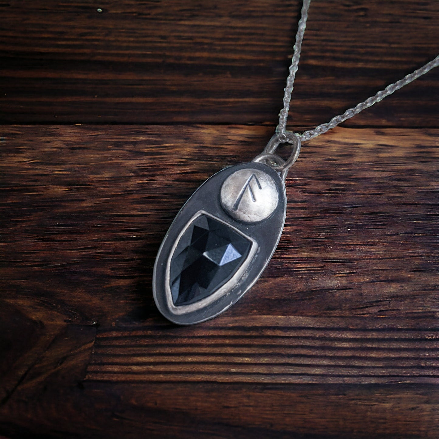 Viking Rune Necklace - Black Tourmaline Shield - Magical Talisman of Protection and Divine Wisdom - Sterling Silver Pendant - Ready to Ship