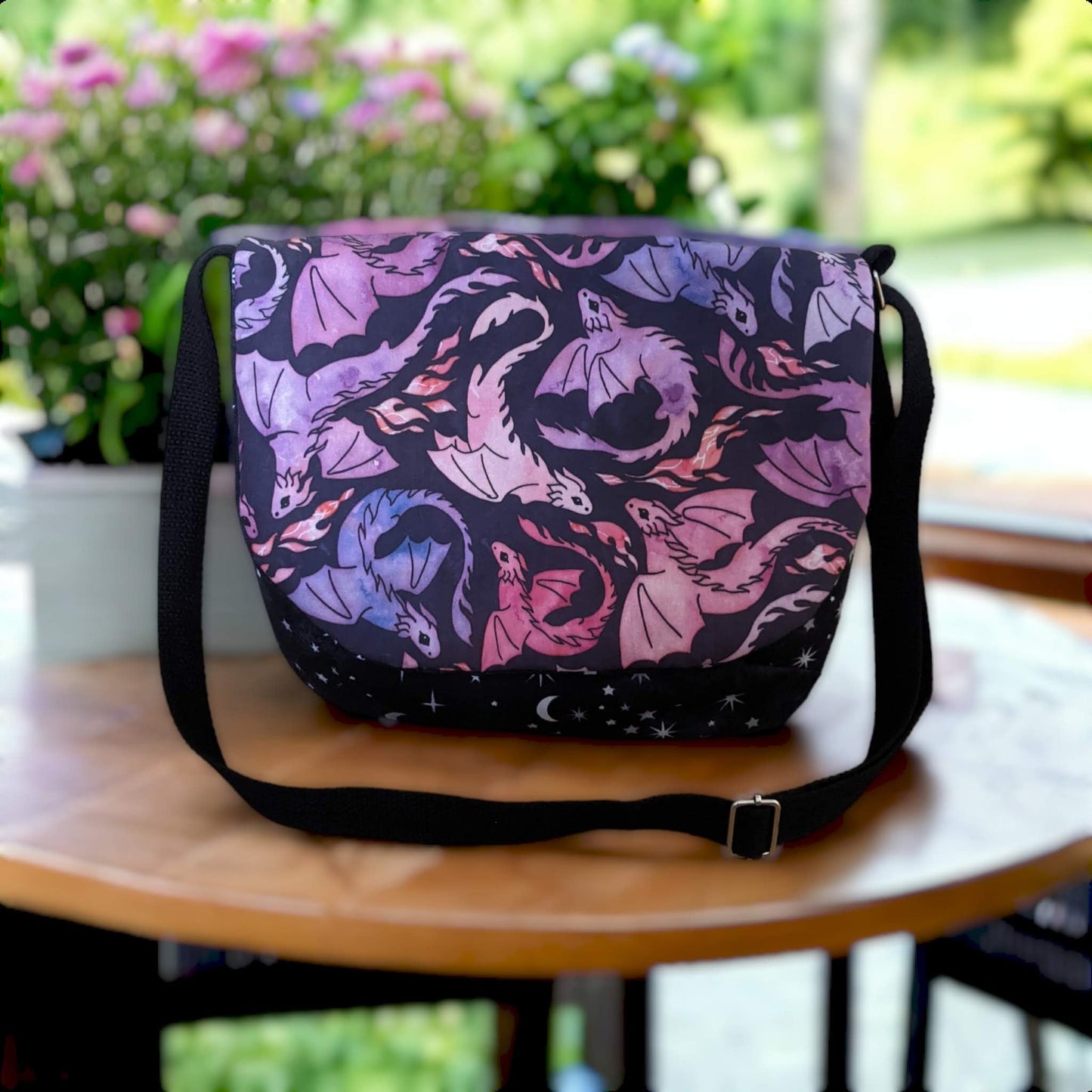 Flying Dragons Adjustable Crossbody Messenger Bag - Pink Purple Pattern - Made to Order