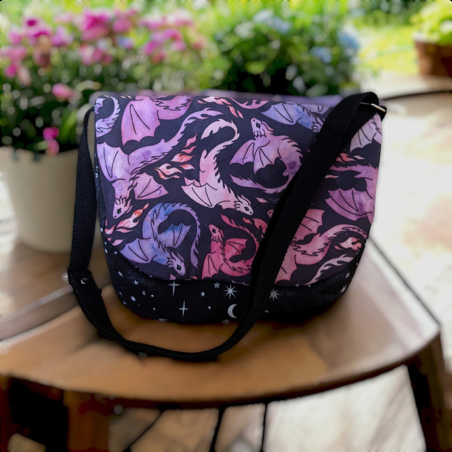 Flying Dragons Adjustable Crossbody Messenger Bag - Pink Purple Pattern - Made to Order