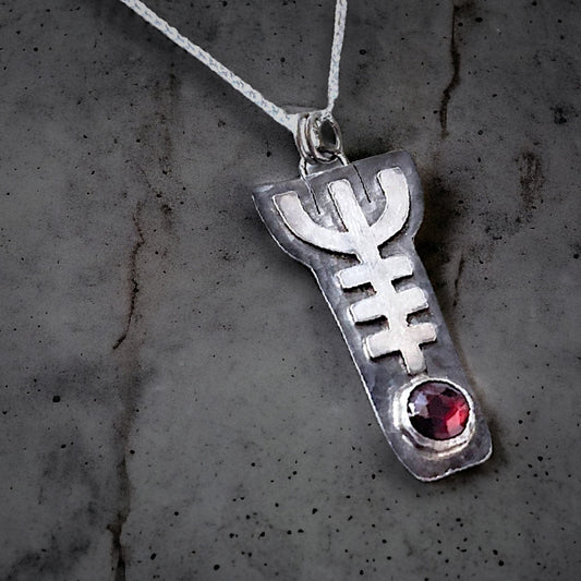 Viking Helm of Awe Pendant with Garnet - Symbol of Protection and Strength - Sterling Silver Norse Mythology Necklace - Ready to Ship