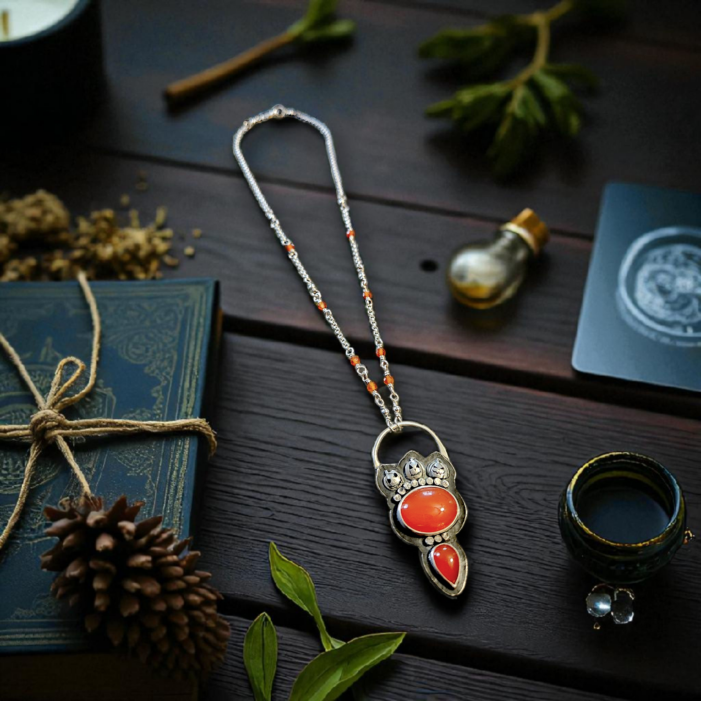 Moonlit Pumpkin Patch - Halloween Talisman Necklace with Carnelian & Sterling Silver