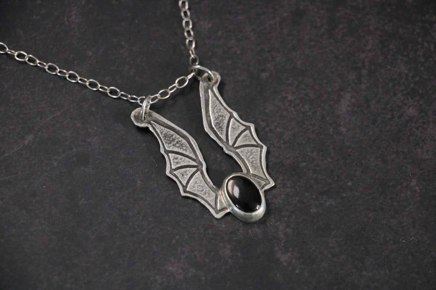 Bat Wing Black Moonstone Ring Keeper Necklace | Sterling Silver