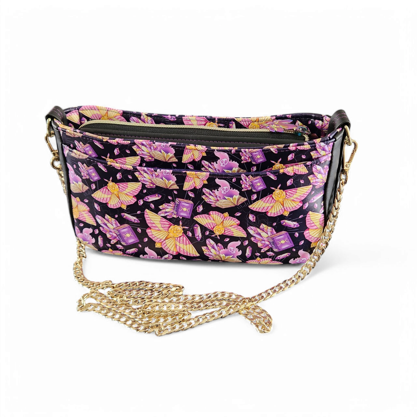 Mystical Moth & Crystals Sling Bag: Witchy Crossbody with Gold Chain