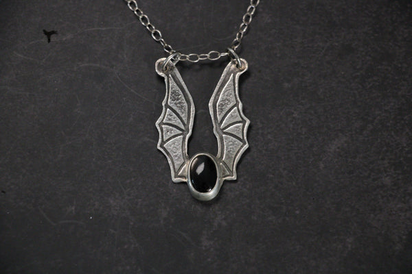 Bat Wing Black Moonstone Ring Keeper Necklace | Sterling Silver