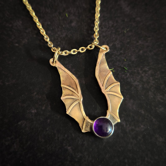 Golden Hatchling Dragon Pendant with Amethyst