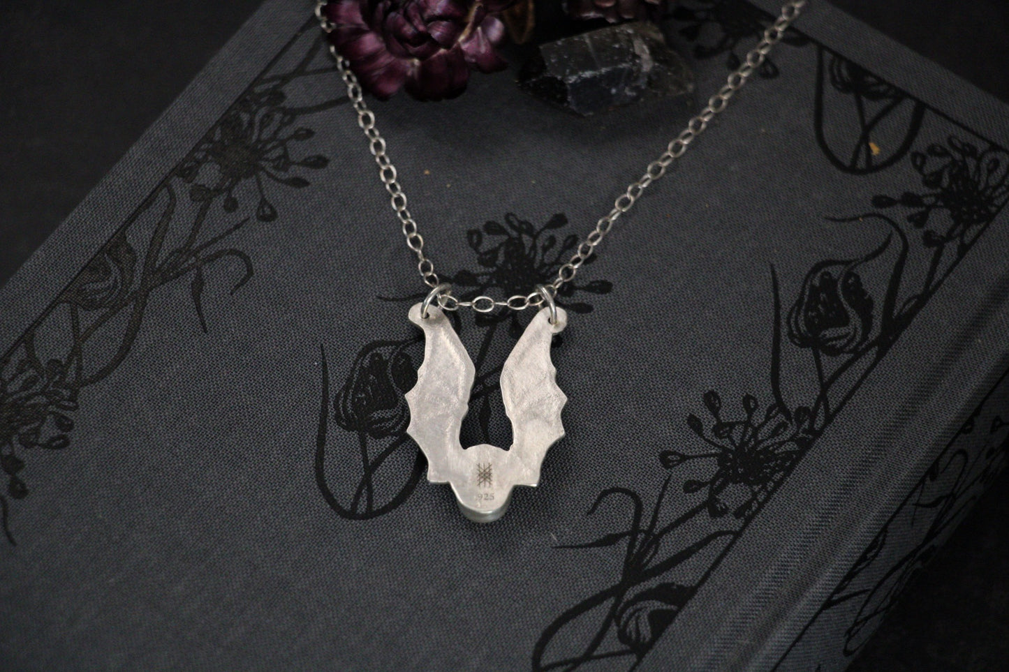 Bat Wing Black Moonstone Ring Keeper Necklace | Sterling Silver
