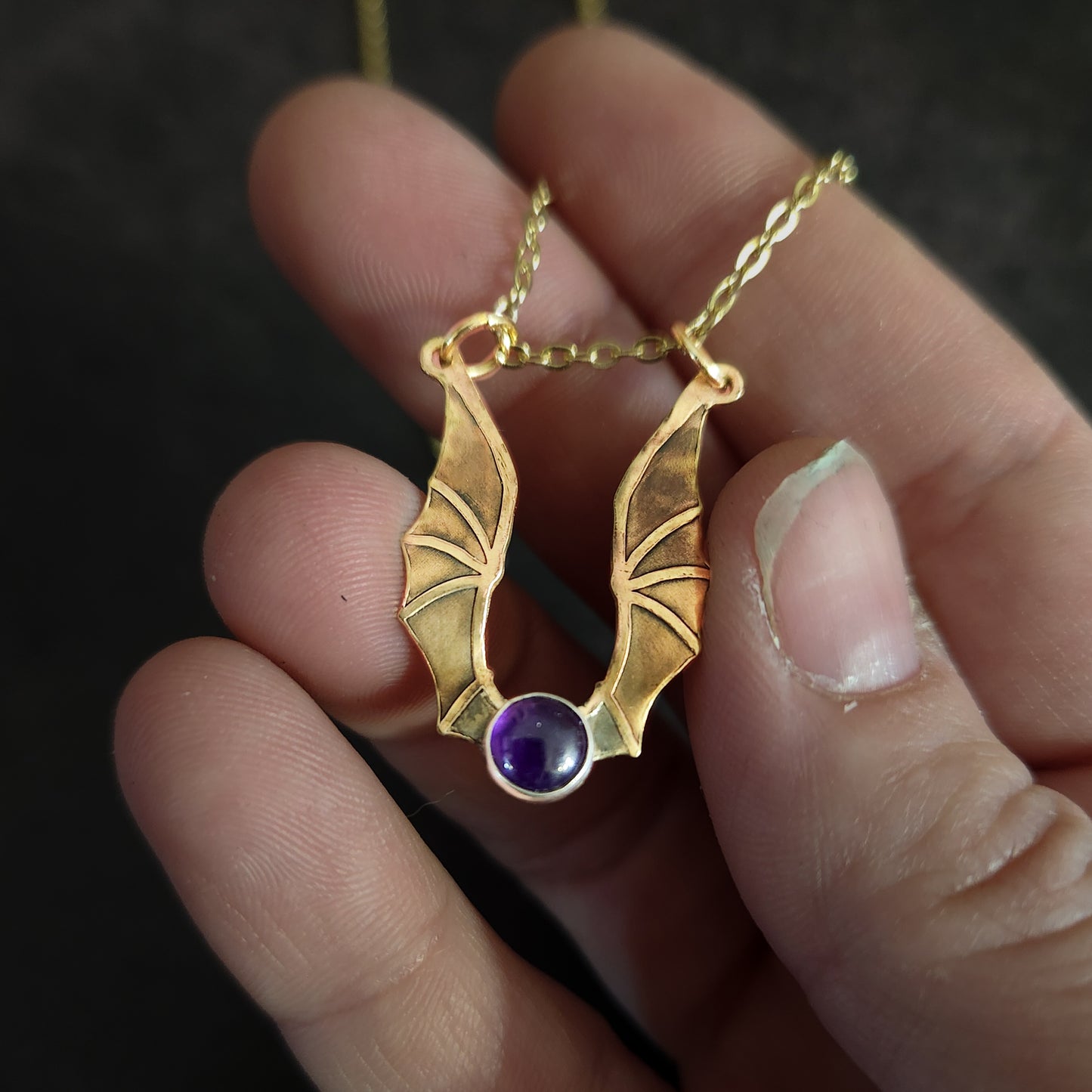Golden Hatchling Dragon Pendant with Amethyst