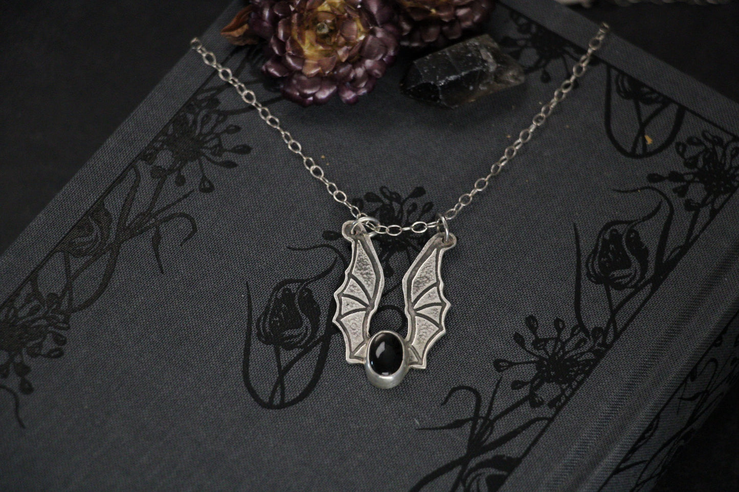 Bat Wing Black Moonstone Ring Keeper Necklace | Sterling Silver
