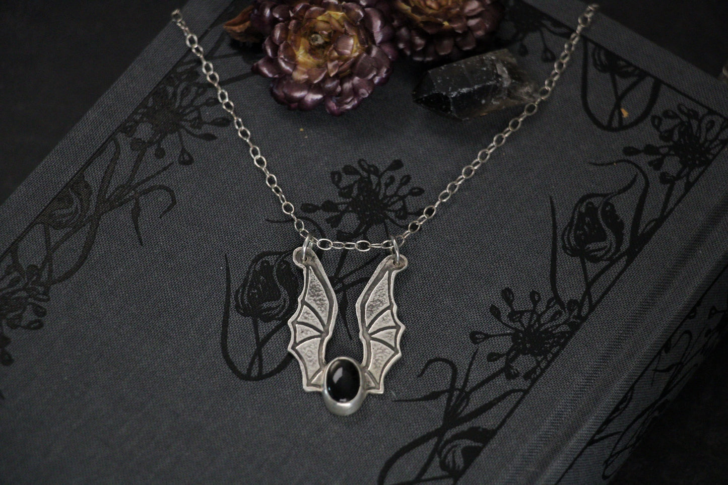 Bat Wing Black Moonstone Ring Keeper Necklace | Sterling Silver