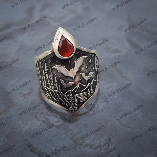 Crimson Night Bat Ring | Garnet Sterling Silver Statement Ring