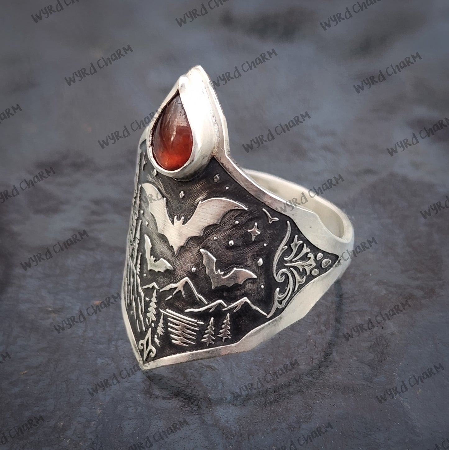 Crimson Night Bat Ring | Garnet Sterling Silver Statement Ring
