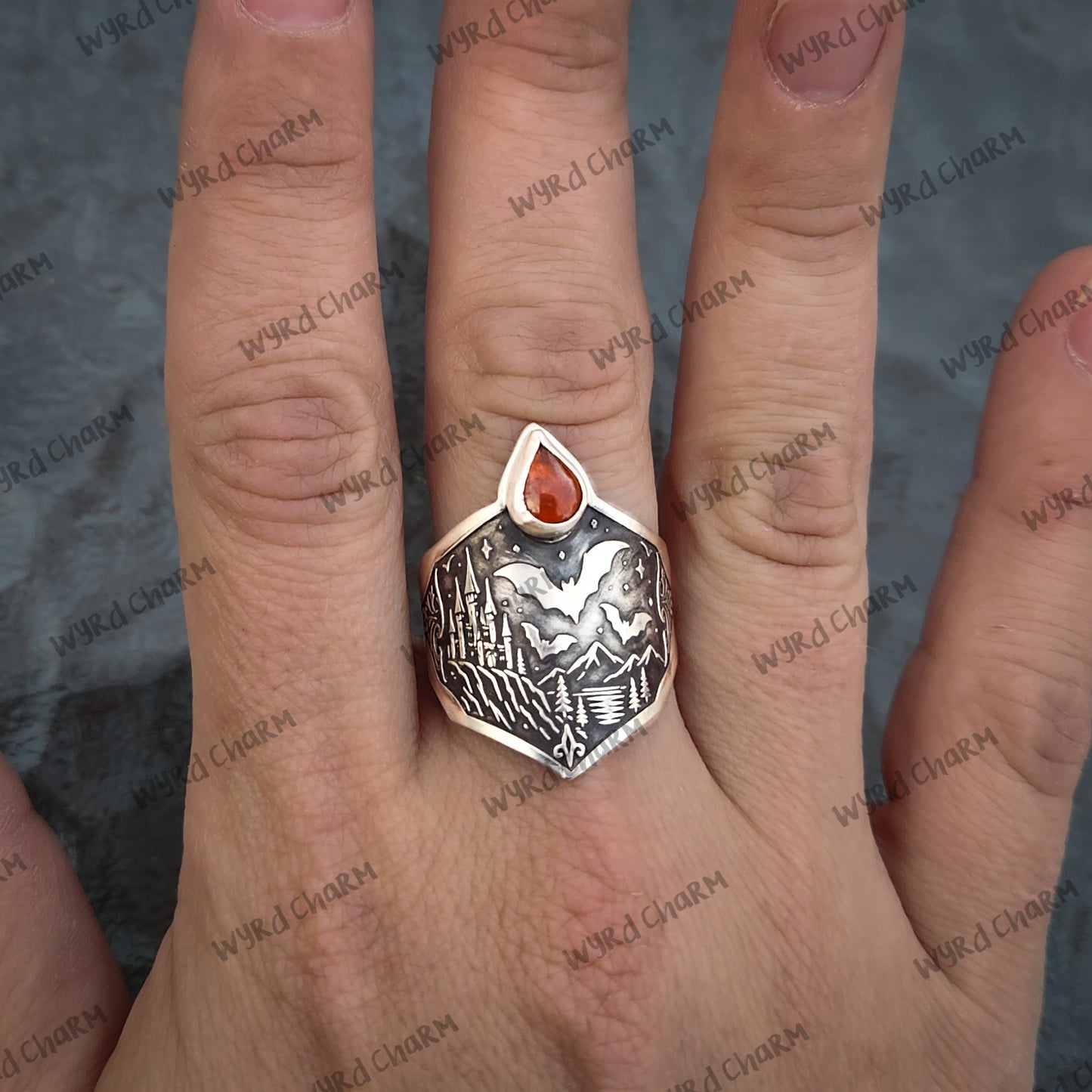 Crimson Night Bat Ring | Garnet Sterling Silver Statement Ring