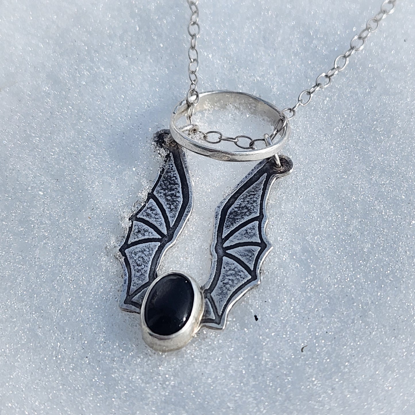 Bat Wing Black Moonstone Ring Keeper Necklace | Sterling Silver