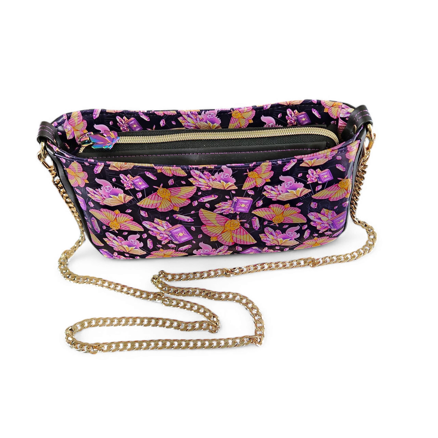 Mystical Moth & Crystals Sling Bag: Witchy Crossbody with Gold Chain