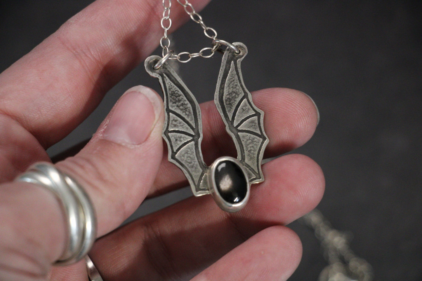 Bat Wing Black Moonstone Ring Keeper Necklace | Sterling Silver