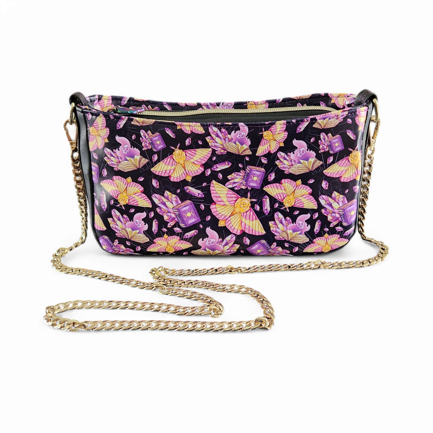 Mystical Moth & Crystals Sling Bag: Witchy Crossbody with Gold Chain