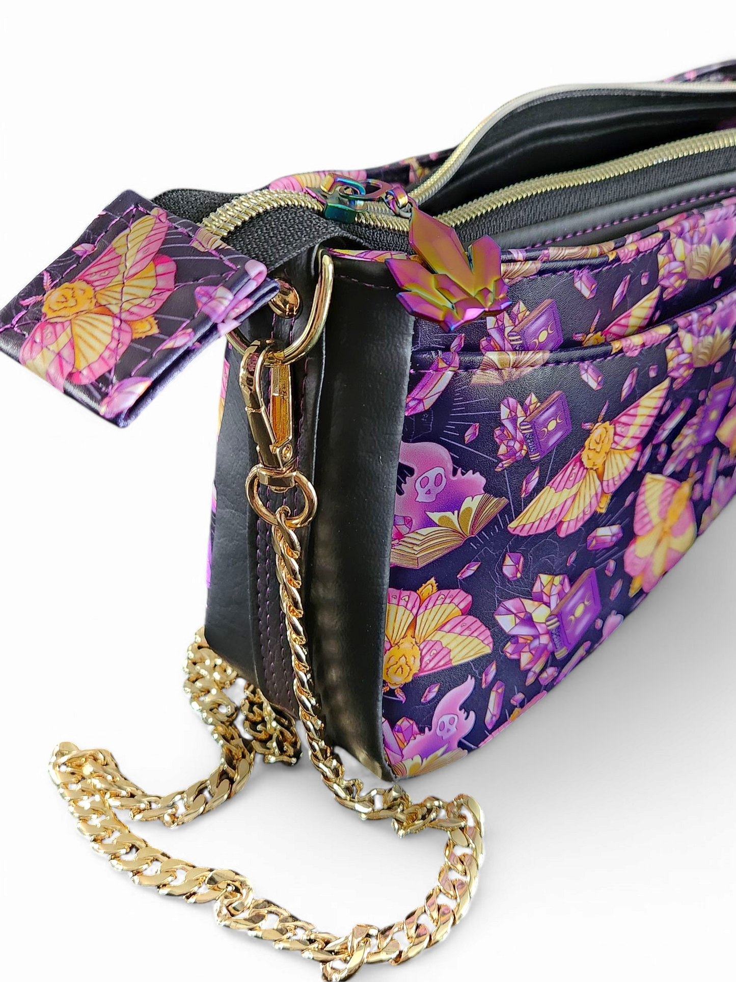 Mystical Moth & Crystals Sling Bag: Witchy Crossbody with Gold Chain