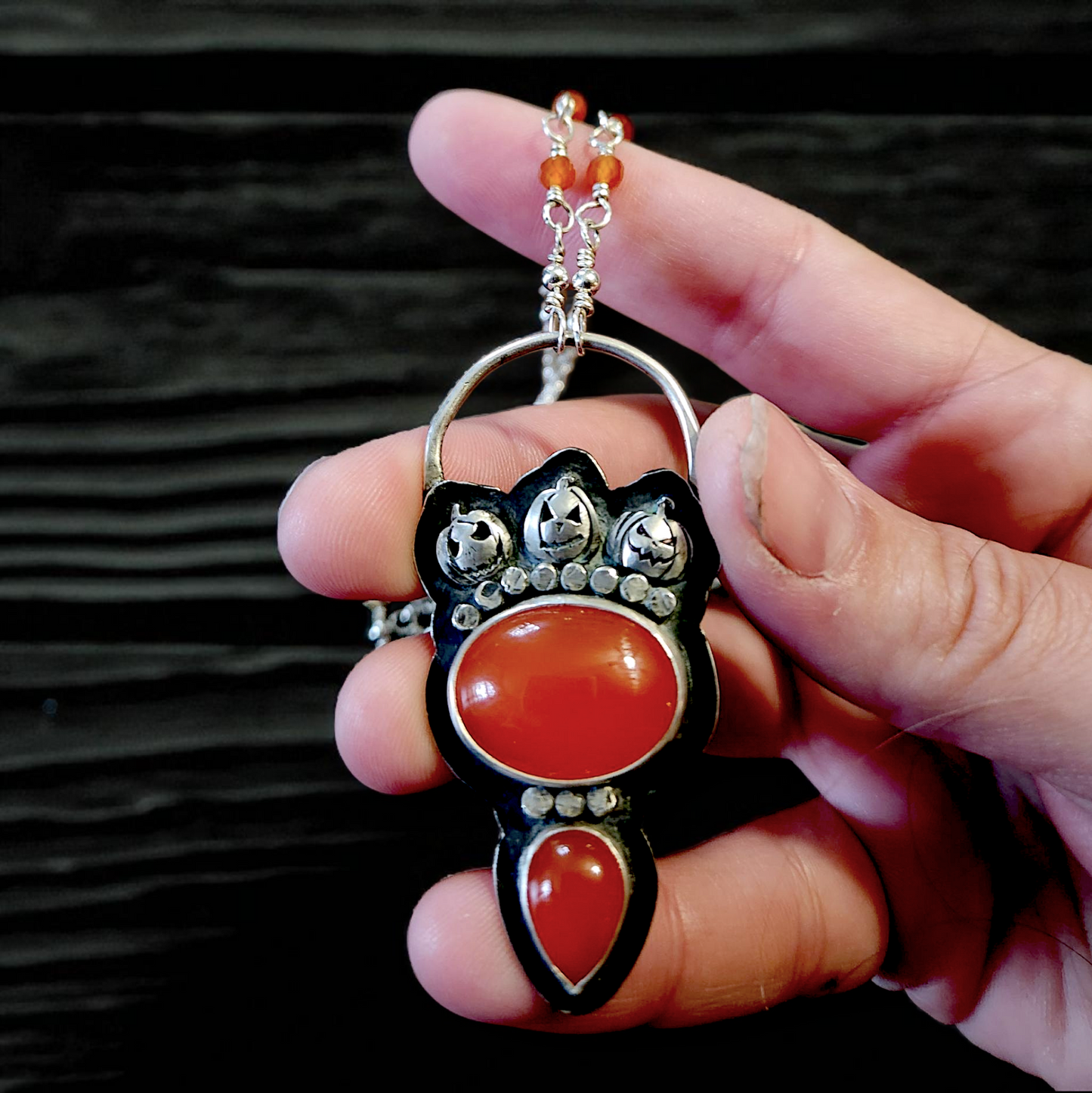 Moonlit Pumpkin Patch - Halloween Talisman Necklace with Carnelian & Sterling Silver