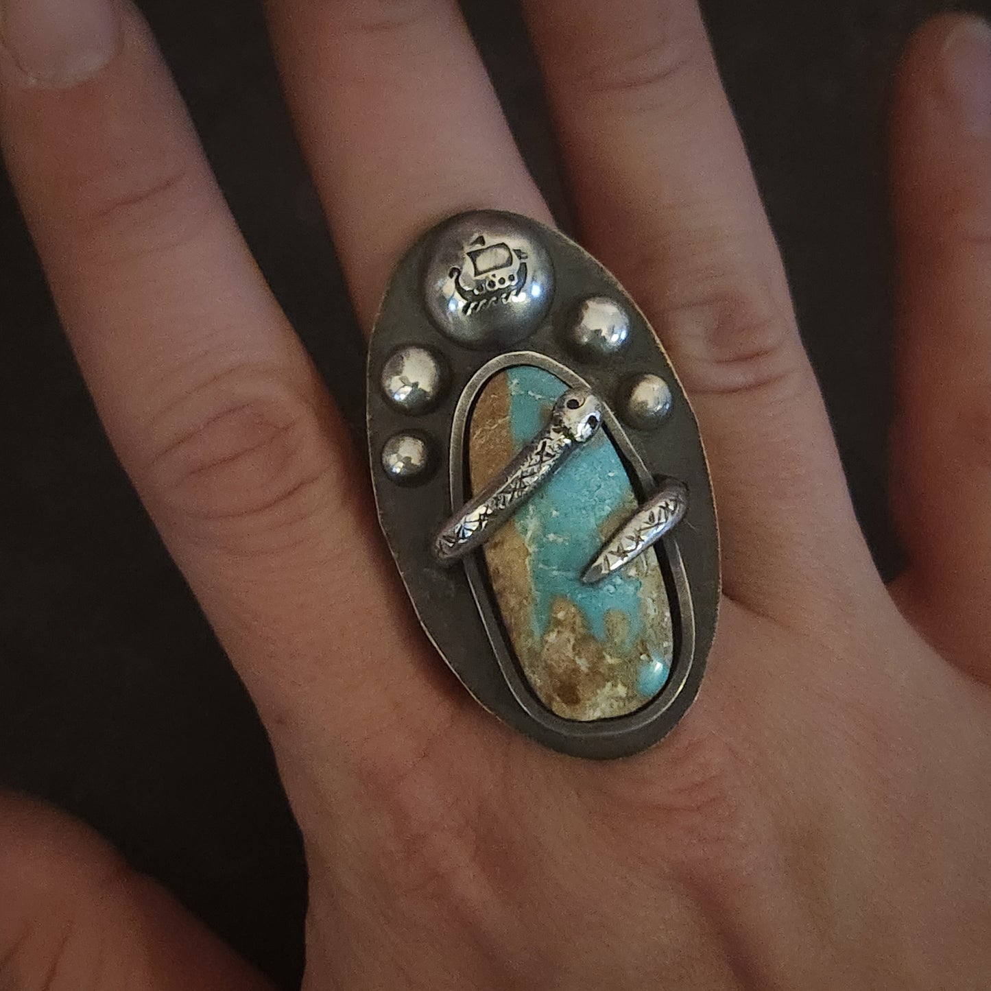 Jormungandr Ring | Sterling Silver Midgard Serpent Ring with Blue Ribbon Turquoise | US Size 10