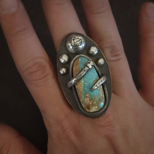 Jormungandr Ring | Sterling Silver Midgard Serpent Ring with Blue Ribbon Turquoise | US Size 10